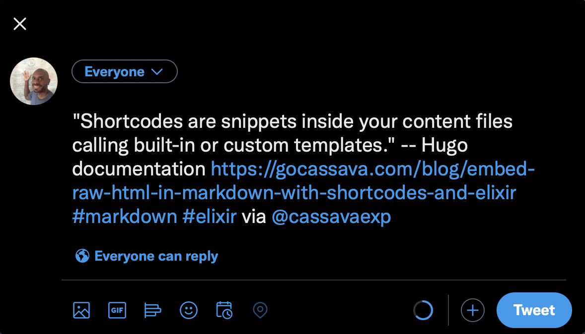A rendering of a tweet explaining shortcodes
